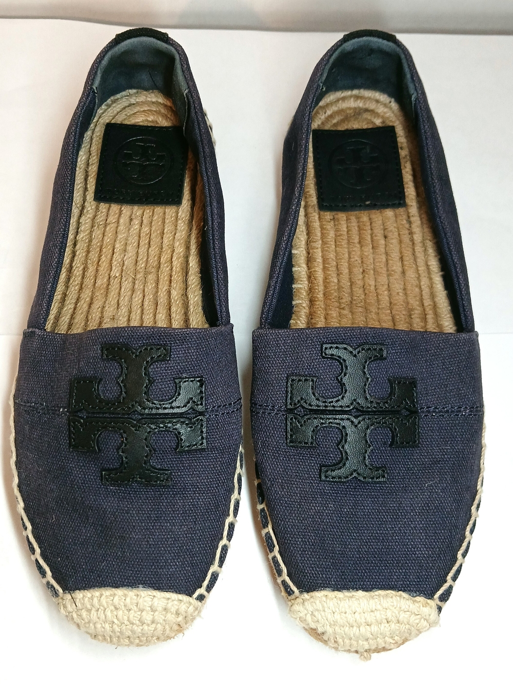Tory Burch Navy Blue Canvas Logo Espadrille Flats Womens Size 5.5 Slip On